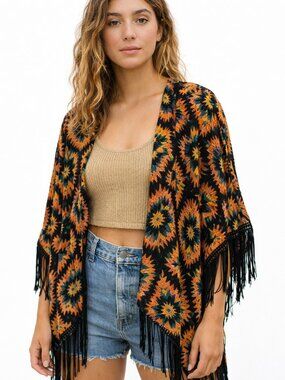 LuLaRoe Monroe Kimono L Fringe Aztec Western Boho Chic Shawl‎